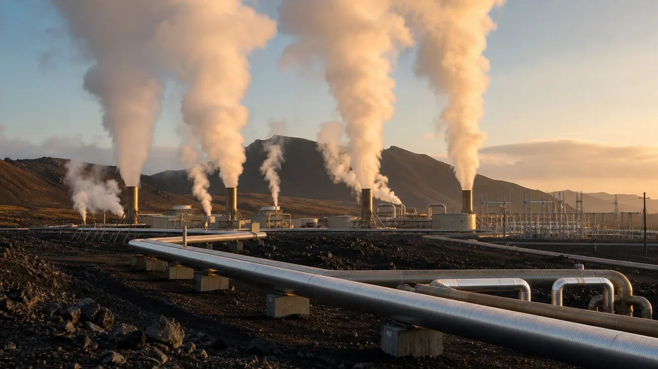 AI stock thermal energy image of a geothermal plant venting white steam against a black volcanic plain at golden hour.