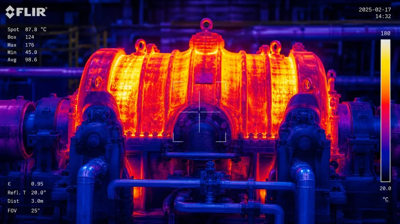 AI-generated FLIR-style false-color thermal-imaging shot of an industrial steam turbine housing under load.