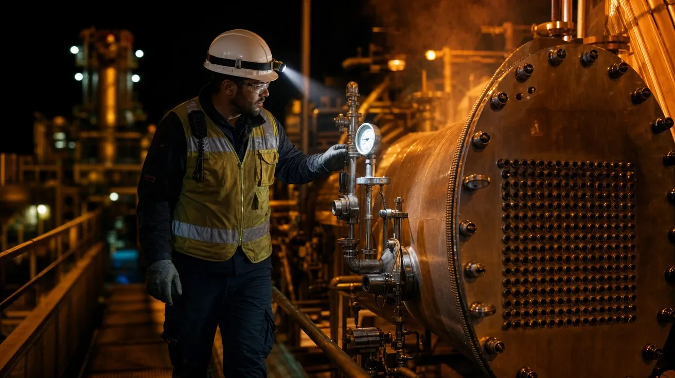 AI-generated maintenance technician in PPE walking a catwalk past a heat exchanger on a night shift at a thermal plant.