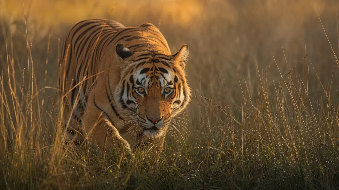 AI tiger image of a male Bengal tiger stalking through tall sal grass at dawn in central India.