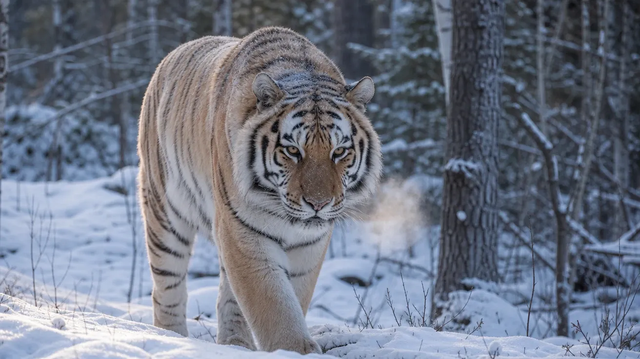 AI tiger image of a Siberian tiger walking through fresh snow in Russian taiga forest in low winter light.