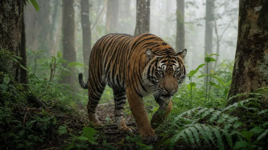 AI-generated tiger picture of a Sumatran tiger walking through a misty Indonesian rainforest understory.