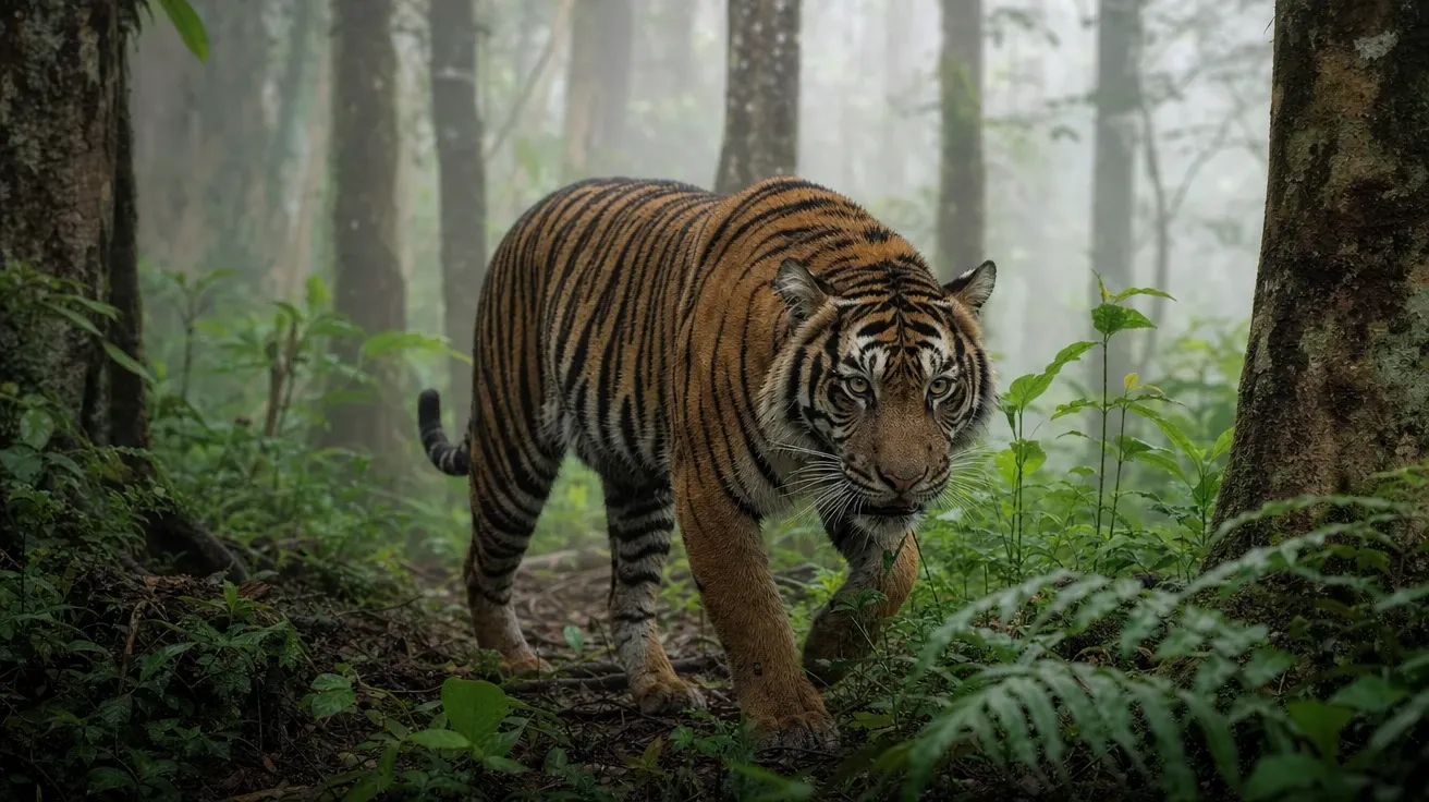 AI-generated tiger picture of a Sumatran tiger walking through a misty Indonesian rainforest understory.