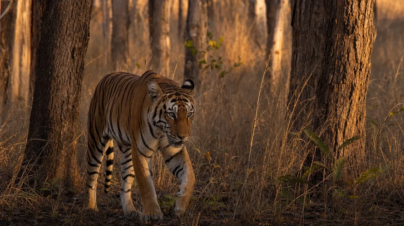 AI-generated tiger picture of an Indochinese tiger walking through a Thailand dry deciduous forest at golden hour.