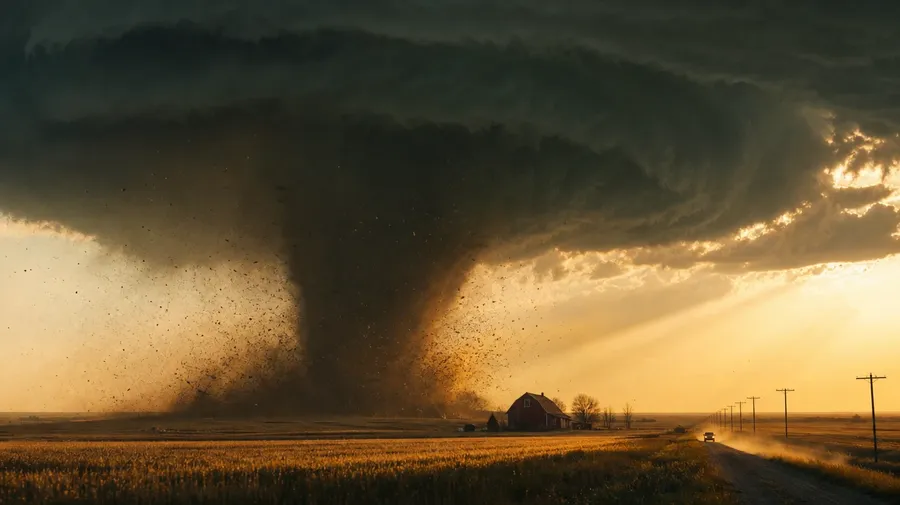 Plains EF4 wedge tornado bearing down on Kansas farmland at golden hour, AI-generated stock tornado image.