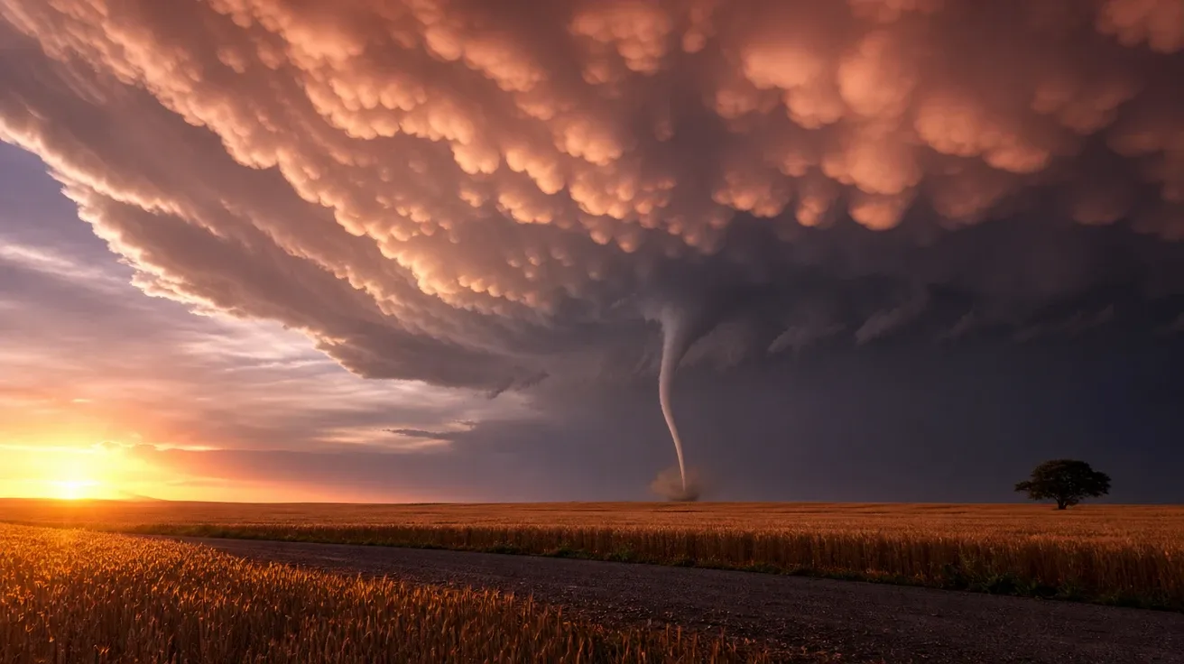 Kansas EF1 funnel over wheat field at sunset with dramatic mammatus clouds, AI-generated stock tornado image.
