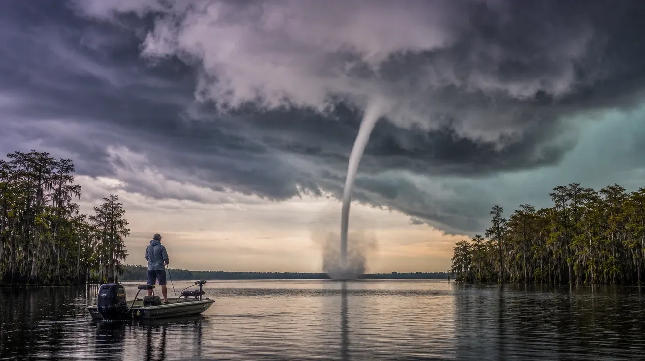 Florida waterspout tornado descending over still inland lake with cypress trees, AI-generated stock tornado image.