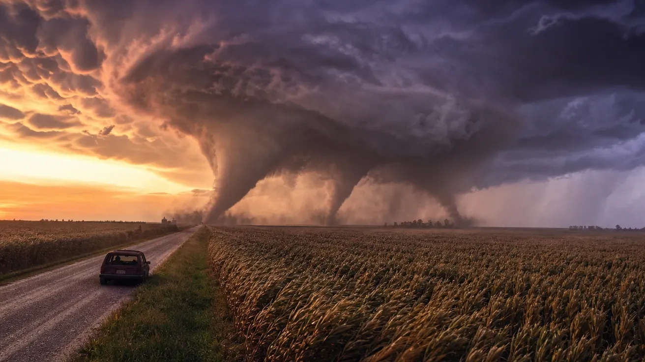 EF3 multi-vortex tornado at sunset crossing Iowa farm road with three suction vortices, AI-generated stock tornado image.
