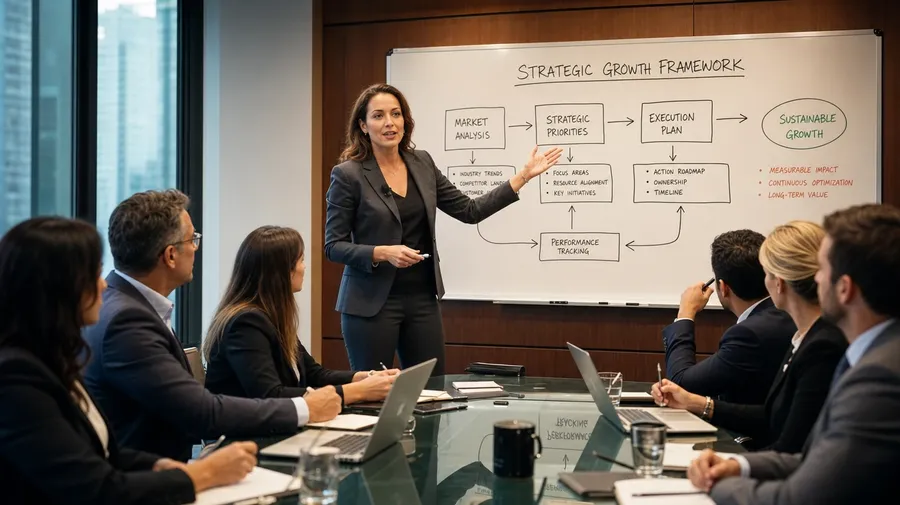 Corporate trainer at a whiteboard presenting a strategy diagram to attendees, AI-generated training images.