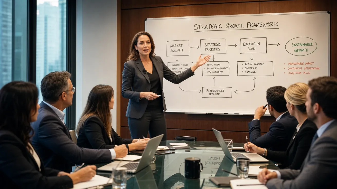 Corporate trainer at a whiteboard presenting a strategy diagram to attendees, AI-generated training images.