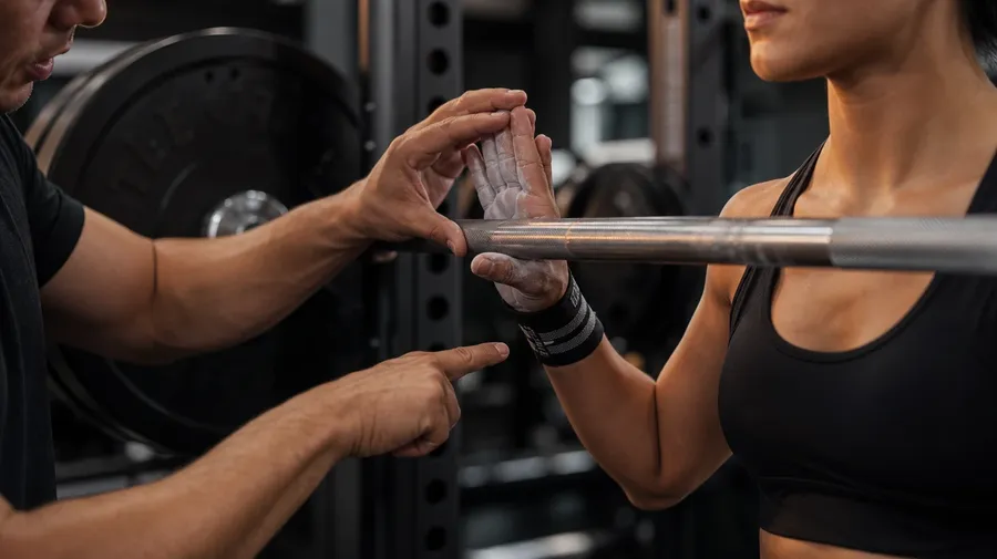 Trainer's hand correcting a lifter's barbell grip during a back-squat set, AI-generated training images stock.