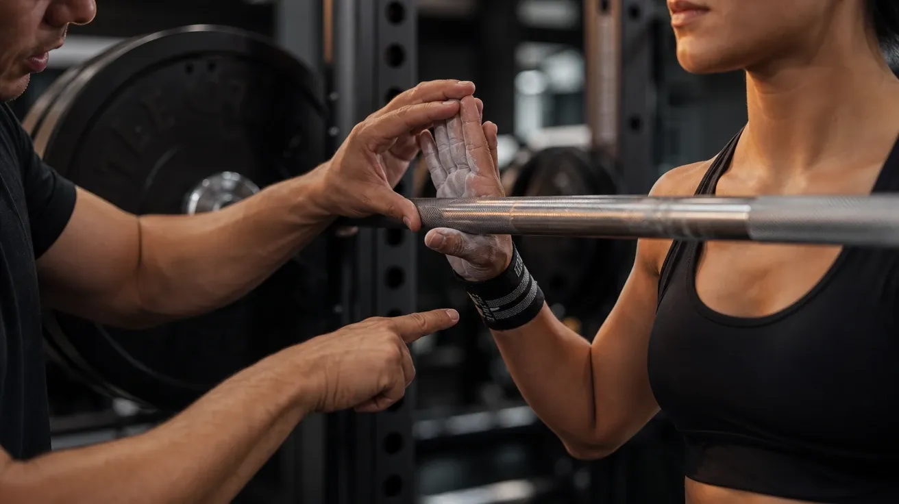 Trainer's hand correcting a lifter's barbell grip during a back-squat set, AI-generated training images stock.