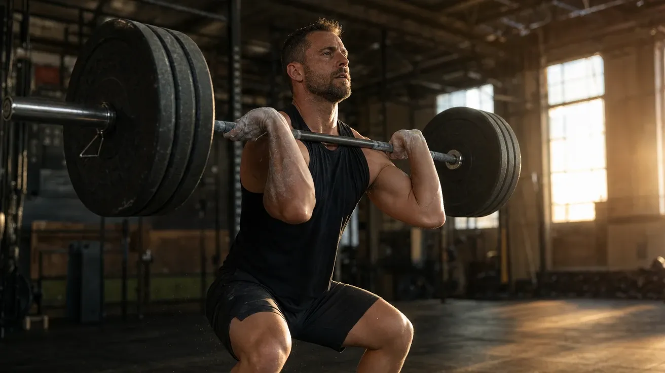 Single athlete mid-clean-and-jerk at a warehouse box at dawn, AI-generated training images stock photo.