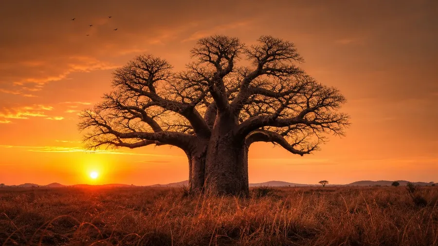 Single baobab silhouetted at Madagascar sunset with red savanna foreground — AI-generated tree stock image.