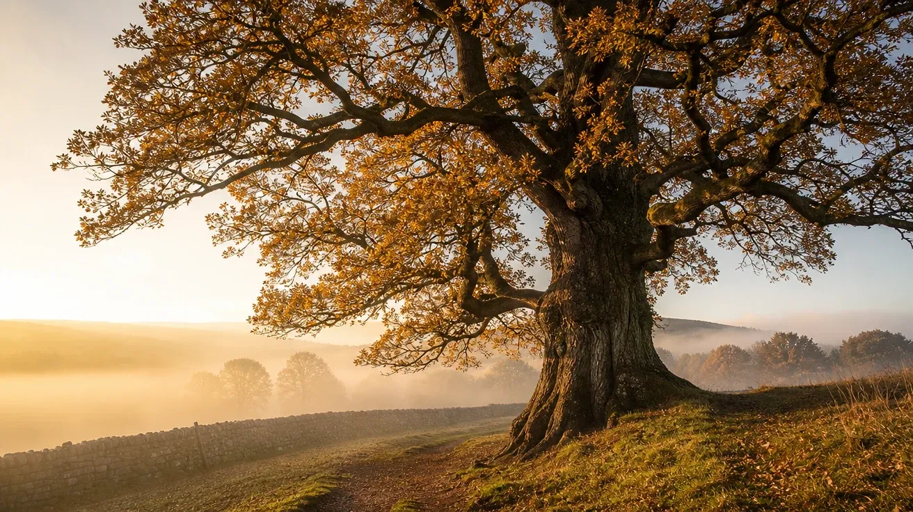 Single ancient oak on an English hillside in autumn dawn mist — AI-generated tree image.