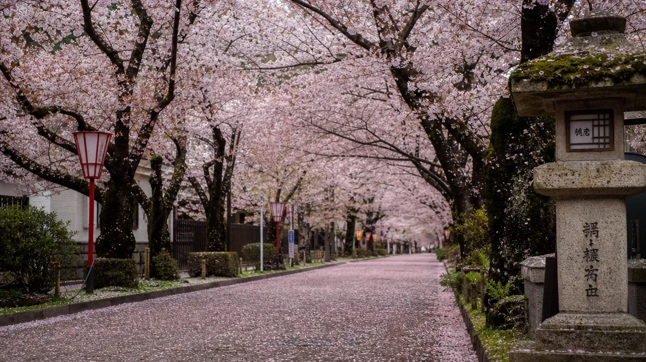 Tokyo cherry blossom street in full April bloom under overcast sky — AI-generated tree image.
