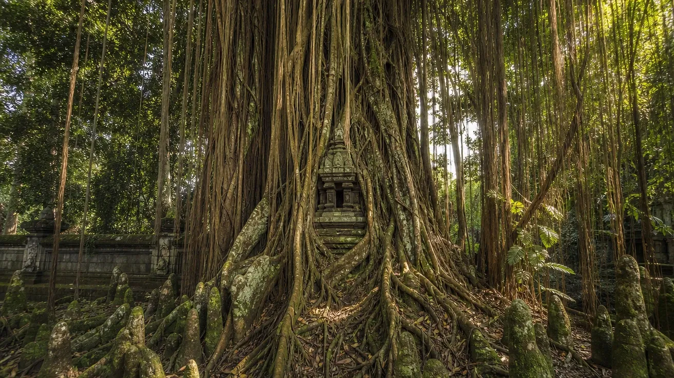 Exposed banyan tree root system with curtain roots at a Bali temple — AI-generated tree image.