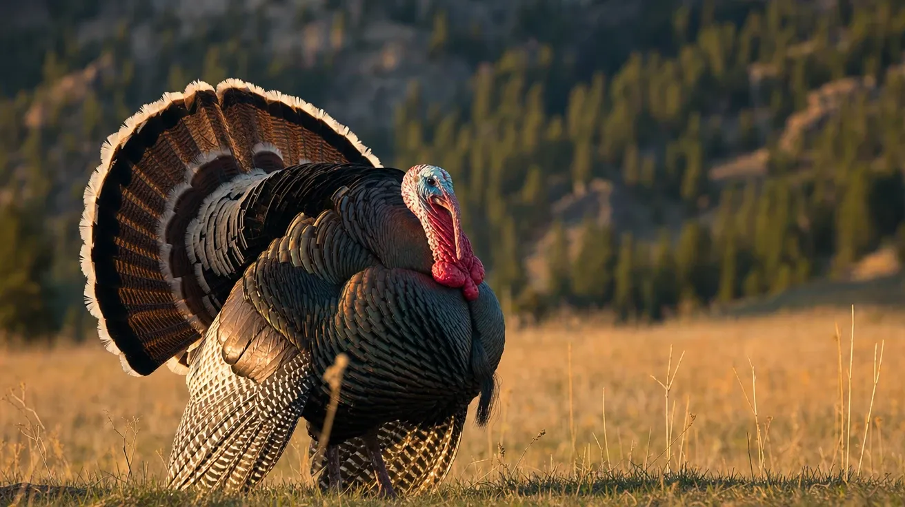AI-generated turkey picture: wild Merriam's tom in full strut with flared tail fan at golden hour.