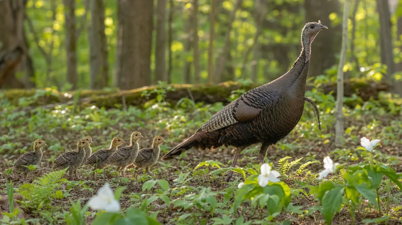 AI-generated turkey picture: Eastern hen leading six poults through a spring hardwood understory.