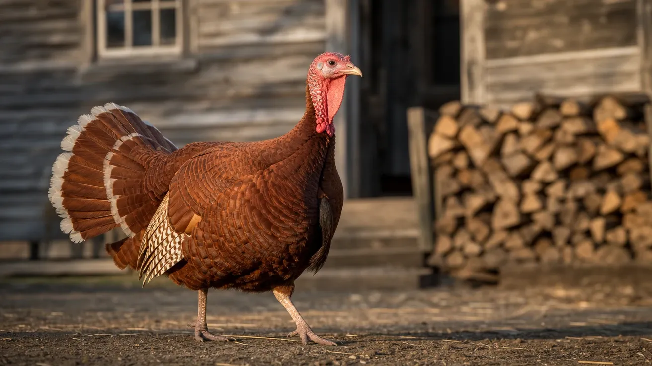 AI-generated turkey picture: heritage Bourbon Red hen on a New England farm in warm afternoon light.