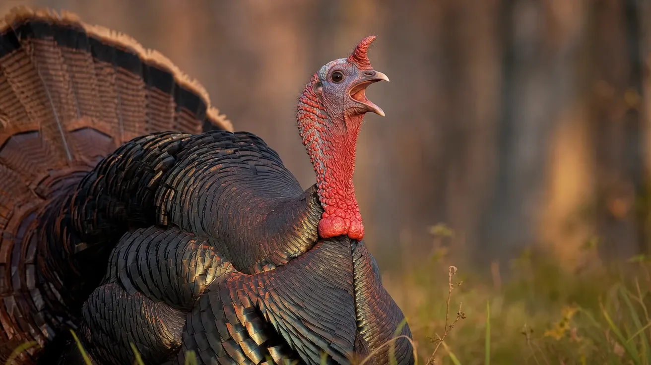 AI-generated turkey picture: wild Eastern tom mid-gobble at first light with extended neck and bright red snood.
