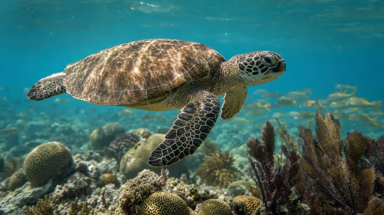 Green sea turtle gliding over a tropical coral reef, AI stock turtle picture.
