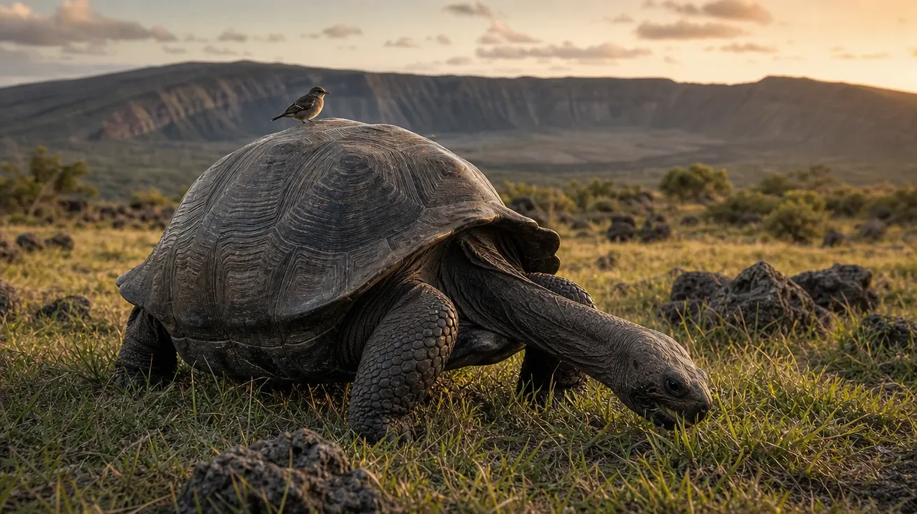 Galapagos giant tortoise grazing on volcanic pasture with a finch on its shell, AI-generated turtle images.