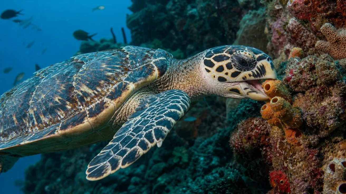 Hawksbill sea turtle nipping a sponge near a coral wall, AI stock turtle species image.