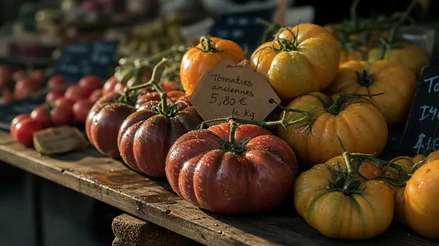 Heirloom tomato cluster on a wooden trestle table at a French farmers market — AI-generated vegetable stock image.