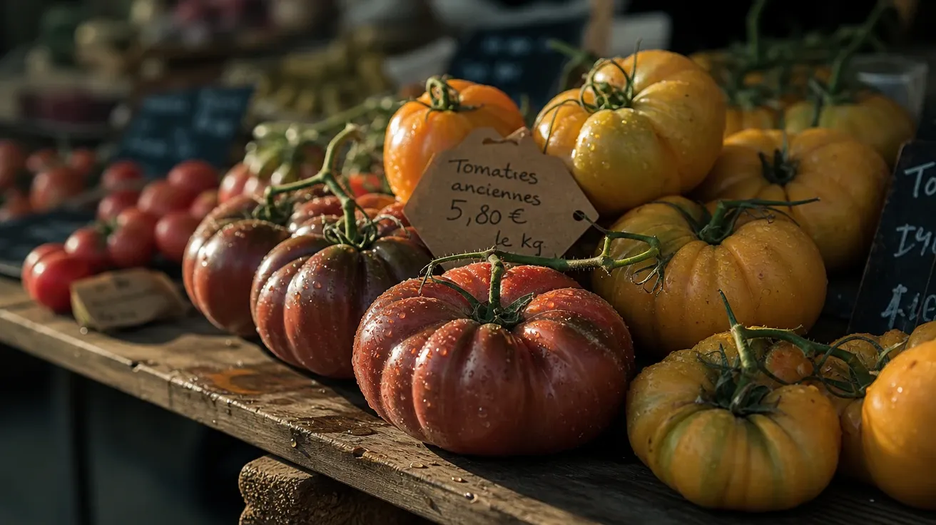 Heirloom tomato cluster on a wooden trestle table at a French farmers market — AI-generated vegetable stock image.