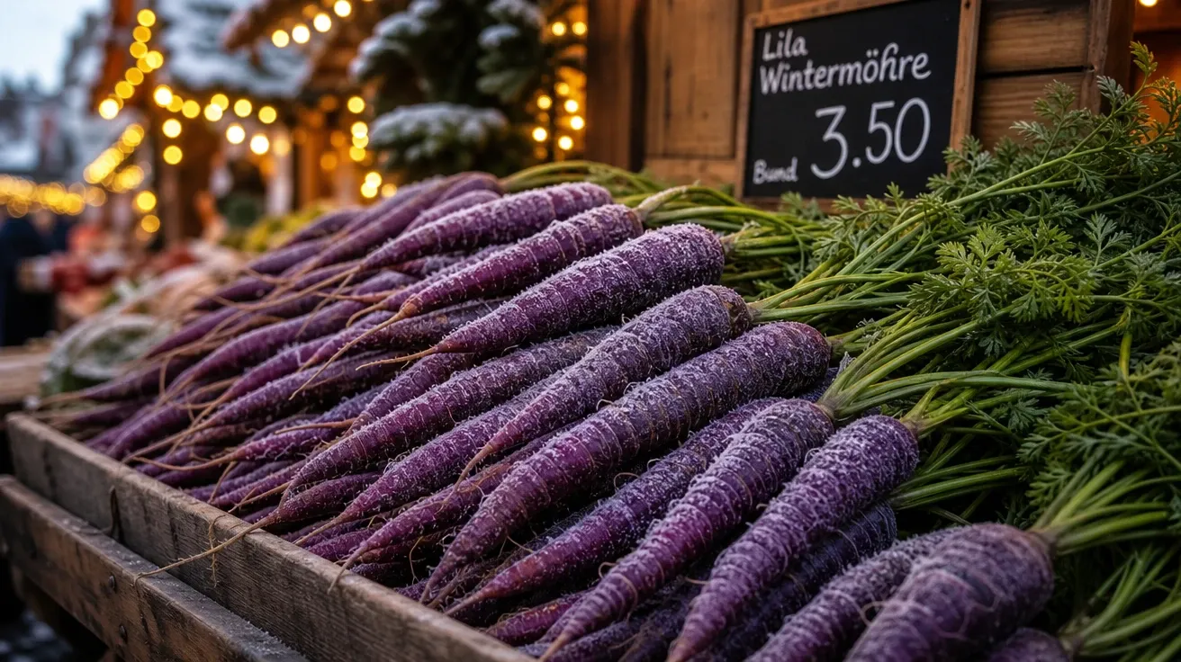 Electric-purple winter carrots at a German Christmas market stall — AI-generated vegetable image.
