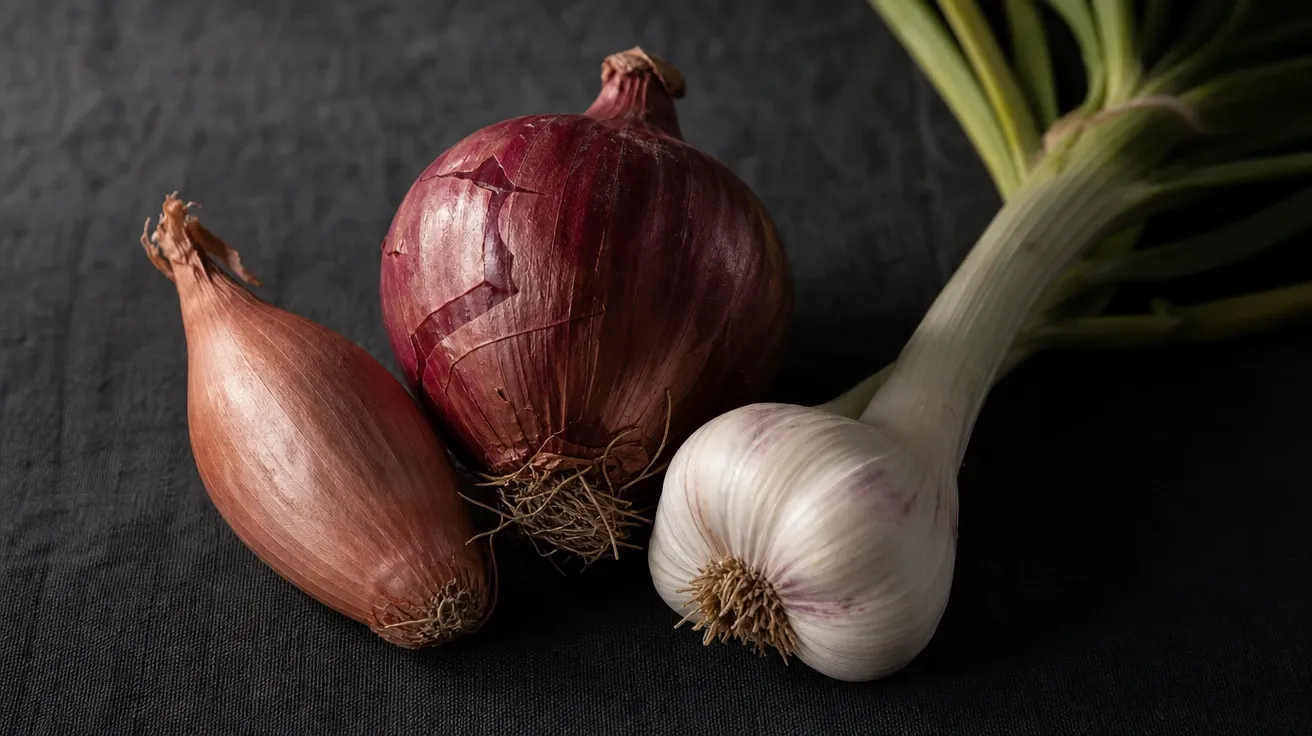 Studio still life of paper-skinned shallot, red onion, and garlic bulb — AI-generated vegetable image.