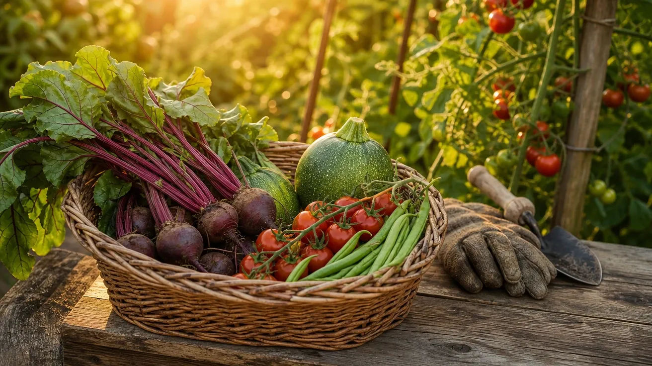 Sunday allotment harvest in a wicker basket with summer vegetables at golden hour — AI-generated vegetable image.