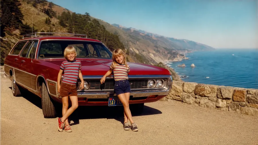 1970s Kodachrome family road trip on Highway 1 with station wagon — AI-generated vintage stock image.