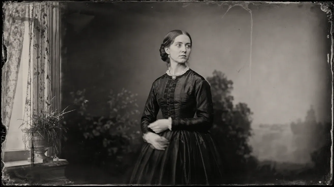 1860s wet-collodion plate portrait of a Victorian woman — AI-generated vintage image.