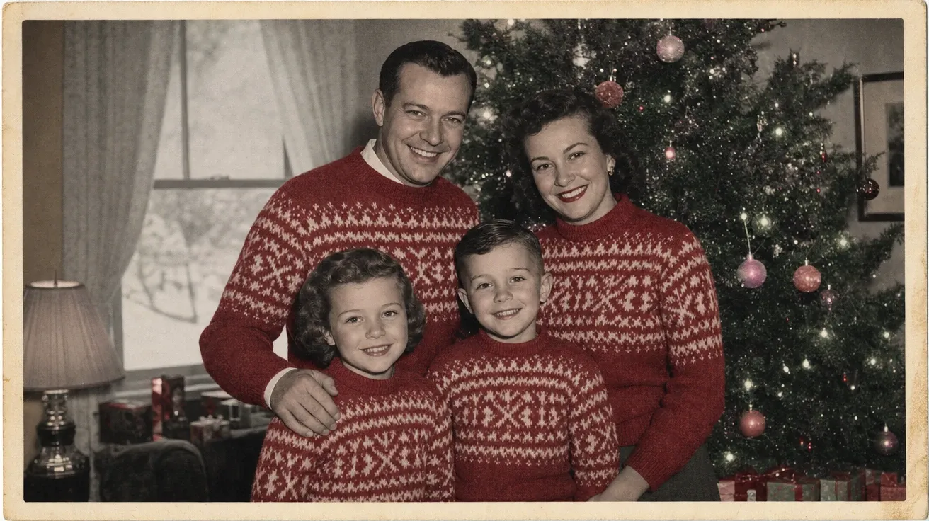1955 hand-tinted Christmas family photo with hand-applied color — AI-generated vintage image.