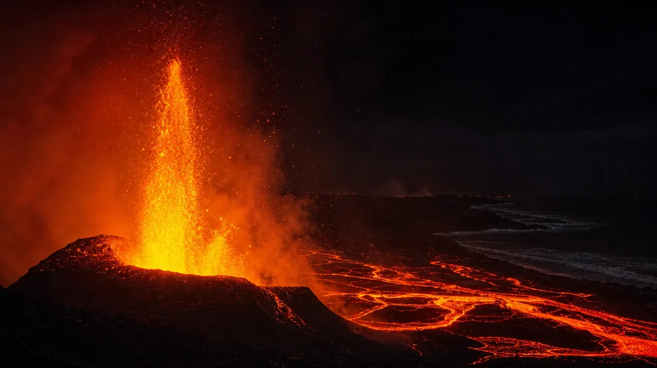 AI-generated volcano picture: Kīlauea-style lava fountain at midnight against a black Pacific sky.