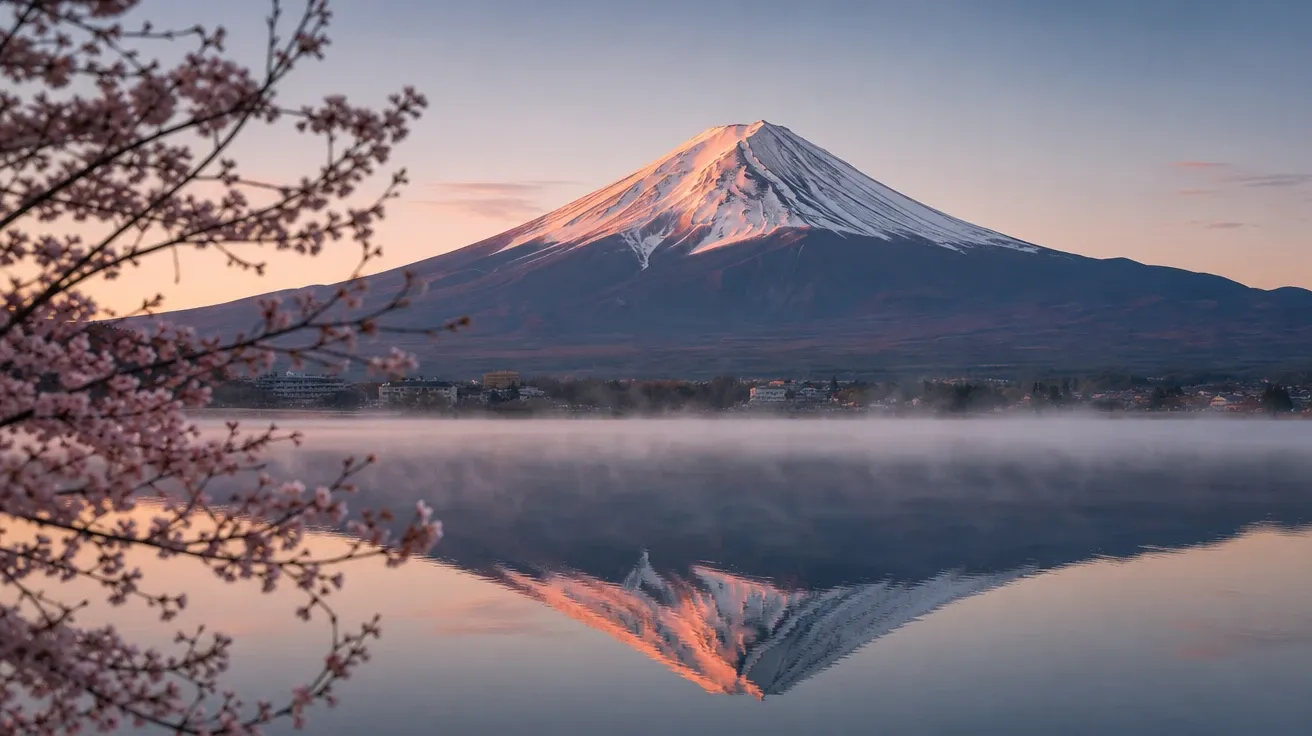 AI-generated volcano picture: Mount Fuji's snow-capped cone at dawn reflected in Lake Kawaguchi.