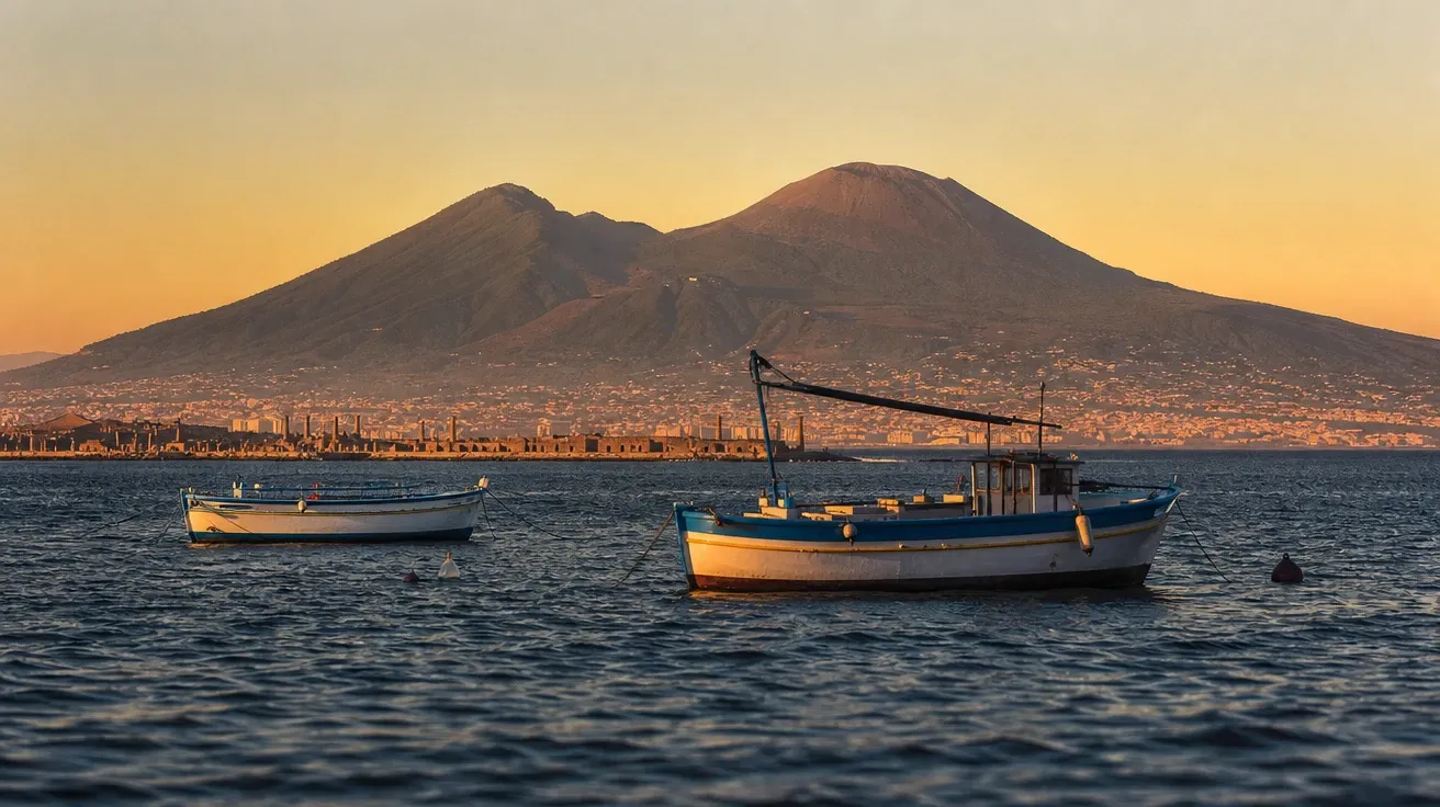 AI-generated volcano picture: Mount Vesuvius framed by the Bay of Naples at golden hour.