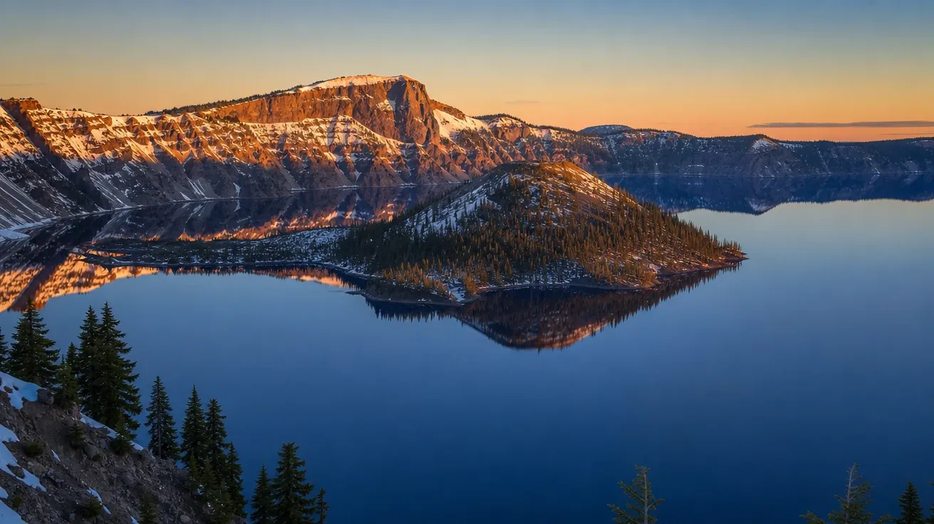 AI-generated volcano picture: Crater Lake caldera with cobalt-blue water and Wizard Island at golden hour.