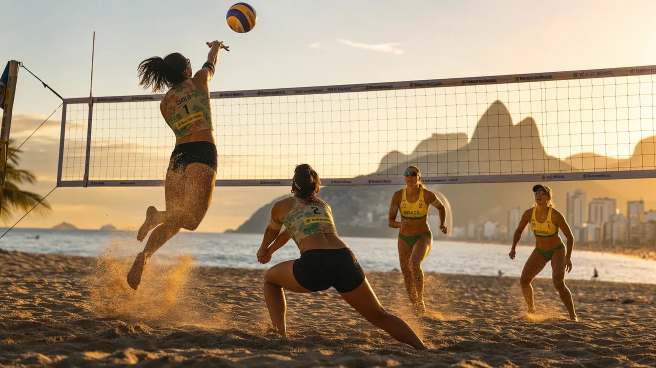 Brazilian beach 2v2 volleyball at golden hour on Copacabana with Sugarloaf skyline, AI-generated stock volleyball image.