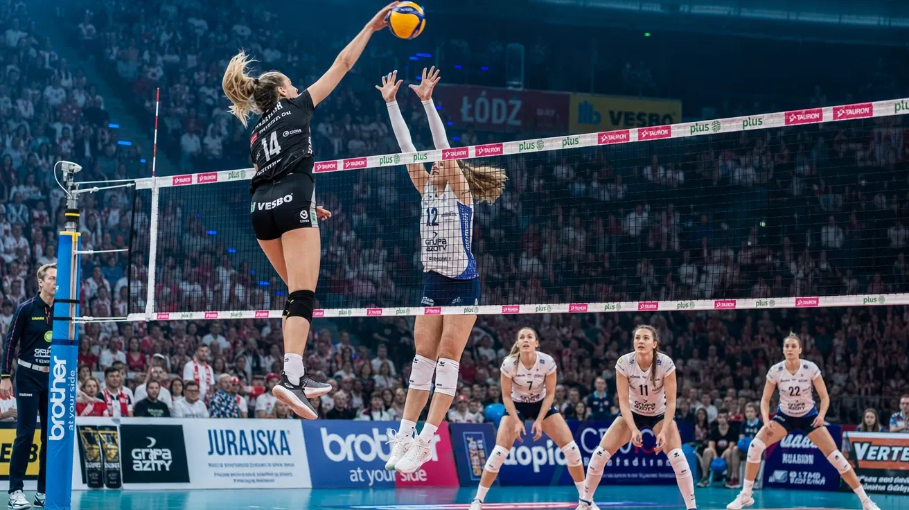 Women's pro indoor volleyball spike at net with blocker in packed Polish arena, AI-generated stock volleyball image.