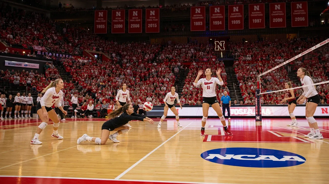 NCAA women's volleyball at Lincoln Nebraska conference final with Husker red crowd, AI-generated stock volleyball image.