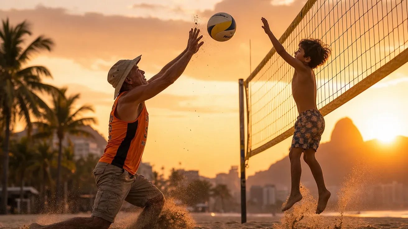 Brazilian grandfather setting up grandson on Copacabana sand volleyball at sunset, AI-generated stock volleyball image.