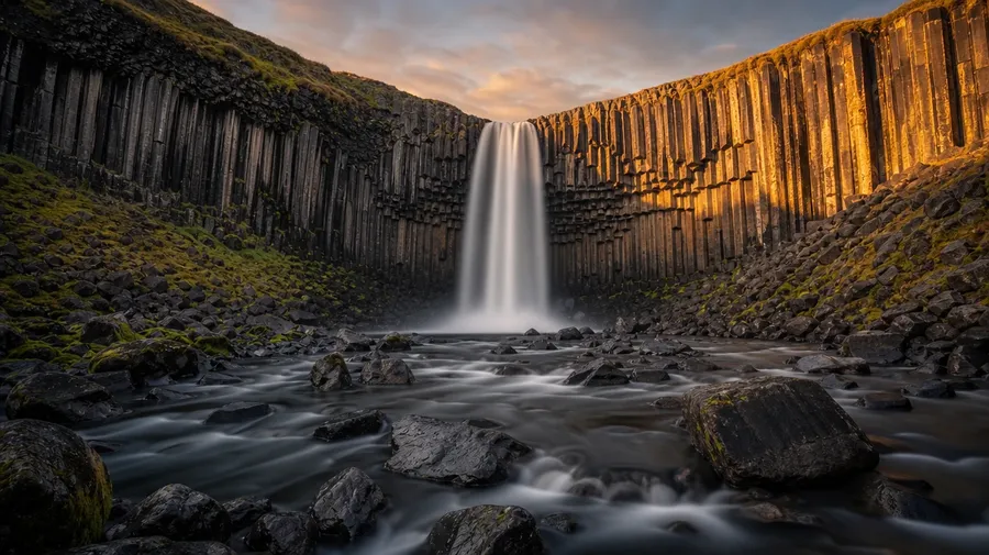 AI stock waterfall image of an Icelandic basalt fall over hexagonal columns with long-exposure silky flow at golden hour.