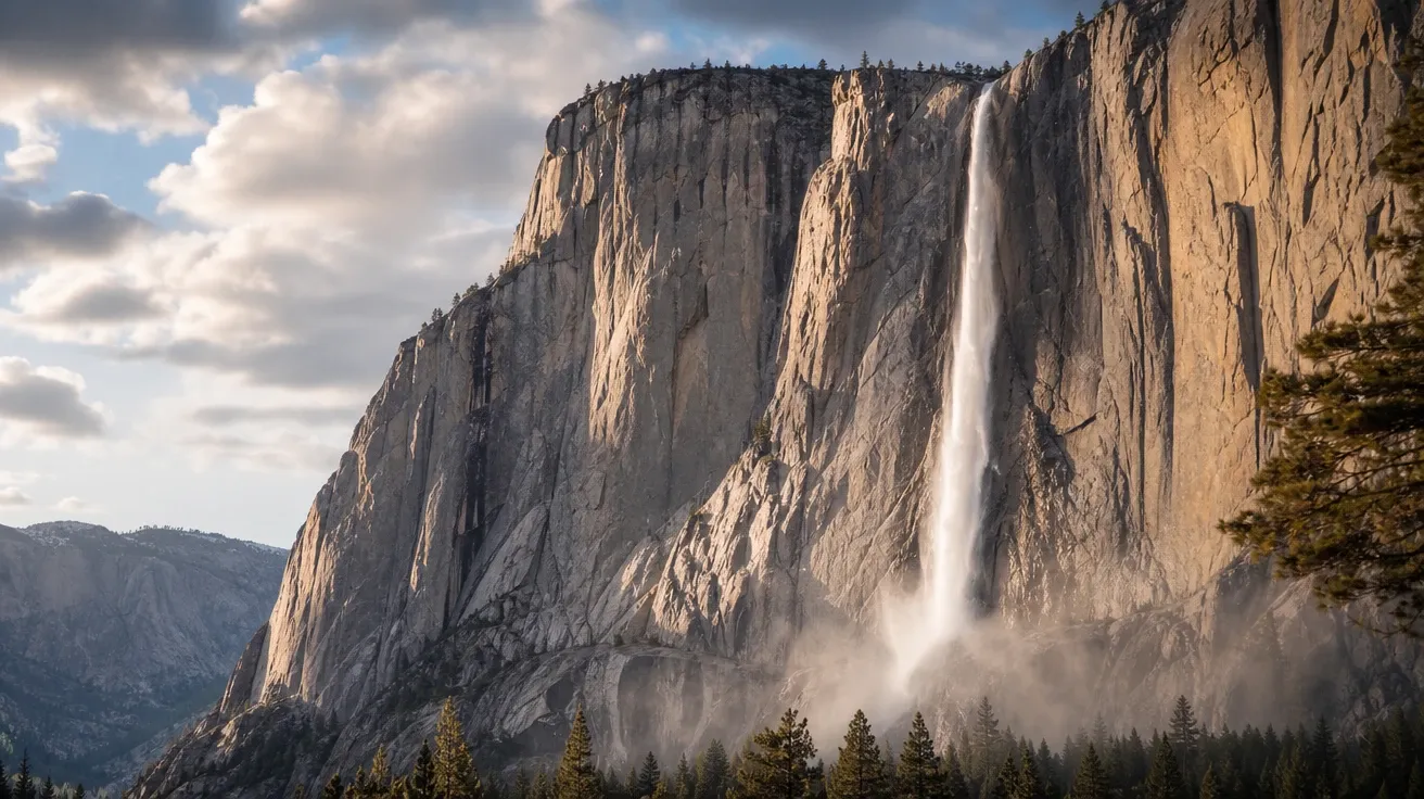 AI-generated Yosemite-style horsetail waterfall as a thin white veil down a granite cliff at spring runoff.