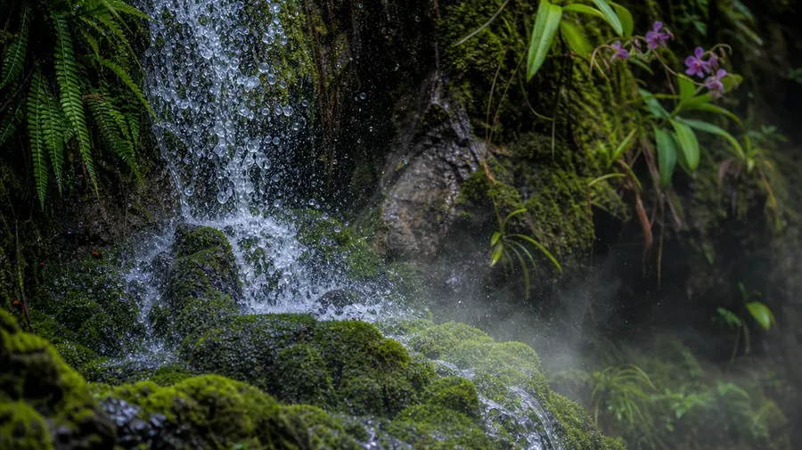 AI-generated intimate close-up of a jungle cascade with droplets bouncing off vivid moss-covered rocks below.