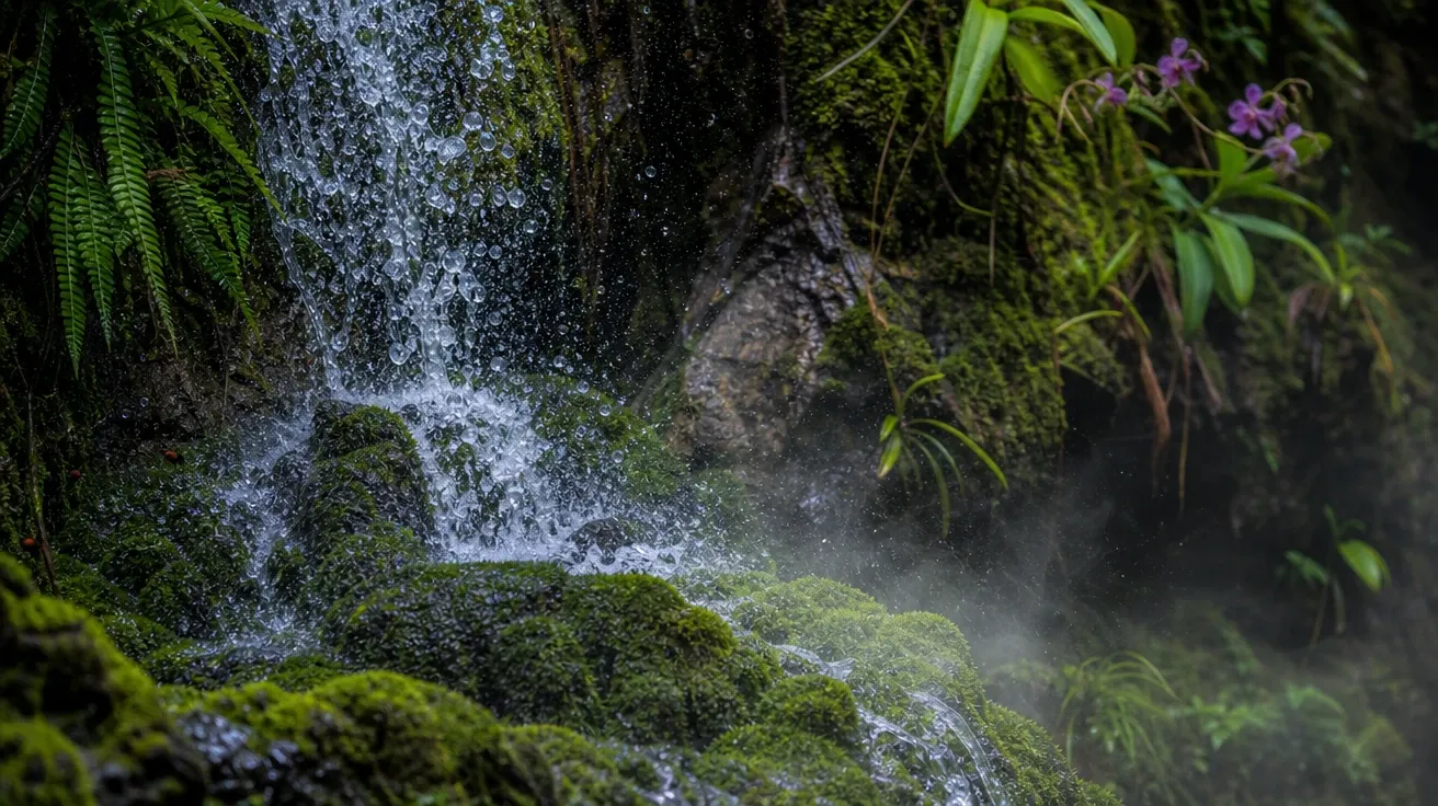 AI-generated intimate close-up of a jungle cascade with droplets bouncing off vivid moss-covered rocks below.