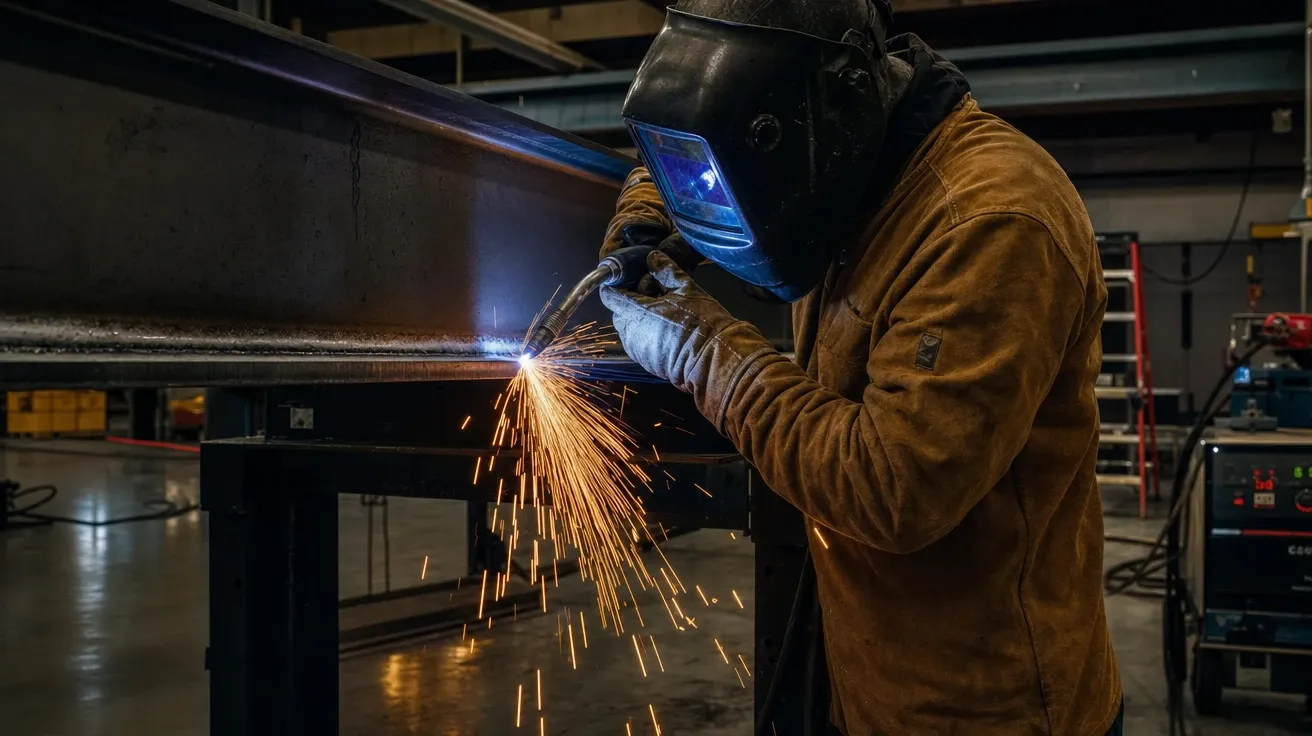 AI-generated MIG welder helmet down laying a bead on a structural steel beam with sparks cascading into shadow.