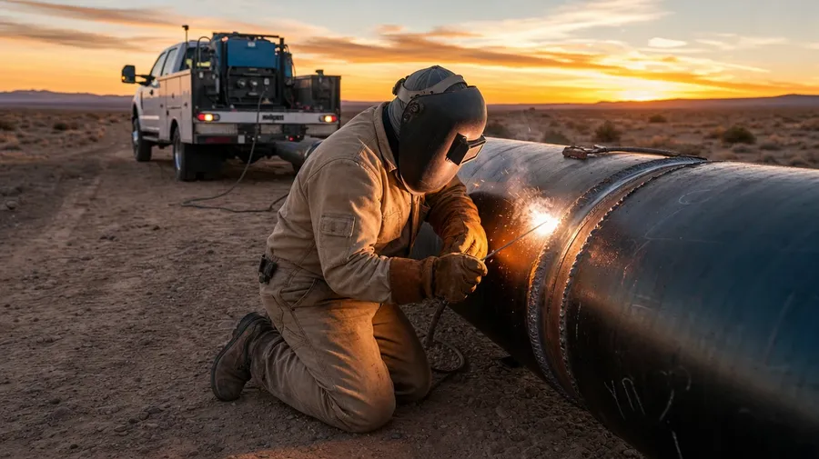 AI-generated pipeline welder in coveralls running a stick rod on a 36-inch joint at sunset in the desert.